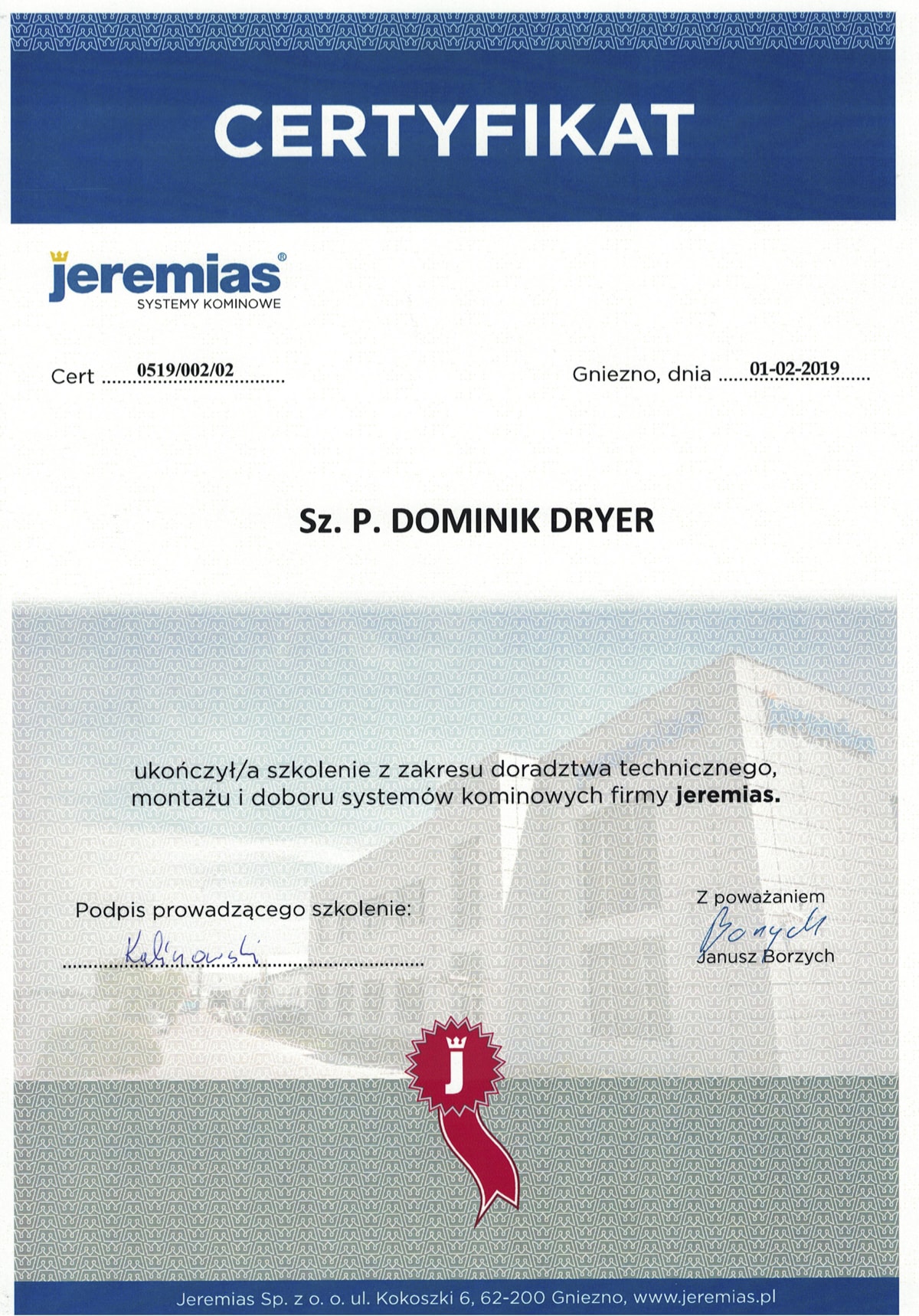 Certyfikat Jeremias - Dominik Dryer